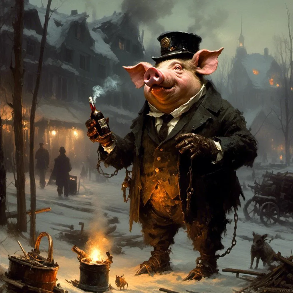 Prompt: A <mymodel> landscape picture 

of an ominous and gloomy 
anthropomorphic pig holding a scotch in one hand while smoking a glowing cigar 

in the darkness of  a doomed 
 junkyard full of hanging hoses

, a stunning Donato Giancola's masterpiece by Anders Zorn and  Joseph Christian Leyendecker

, dramatic lighting  with detailed shadows and highlights increasing depth of perspective and 3D volumetric drawing 