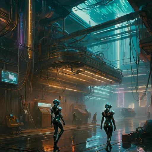 Prompt: A <mymodel> landscape artwork of a threatening  and somber warframe

crossing a gloomy facility

full of hanging hoses and multicolored neon circuit board patterns glowing in the darkness

, a stunning Donato Giancola's masterpiece in  sci-fi retro-futuristic art deco artstyle by Anders Zorn and Joseph Christian Leyendecker

, neat and clear tangents full of negative space 

, ominous dramatic lighting with detailed shadows and highlights enhancing depth of perspective and 3D volumetric drawing

, a  vibrant and colorful high quality digital  painting in HDR