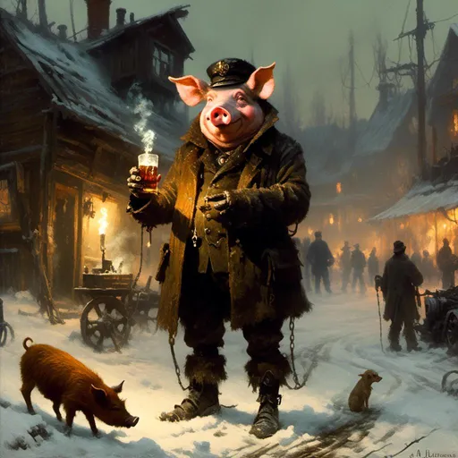 Prompt: A <mymodel> landscape picture 

of an ominous and gloomy 
anthropomorphic pig holding a scotch in one hand while smoking a glowing cigar 

in the darkness of  a doomed 
 junkyard full of hanging hoses

, a stunning Donato Giancola's masterpiece by Anders Zorn and  Joseph Christian Leyendecker

, dramatic lighting  with detailed shadows and highlights increasing depth of perspective and 3D volumetric drawing 