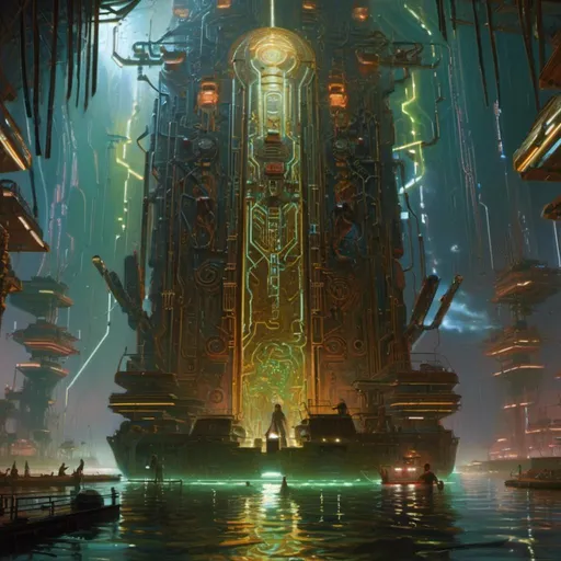 Prompt: A threatening sinister monolith 
in the middle of a gloomy flooded mangroove with multicolored circuitry carvings shedding flaring volumetric light shafts in the darkness 

, a stunning Donato Giancola masterpiece in <mymodel> retro-futuristic sci-fi arc deco artstyle by Anders Zorn and Joseph Christian Leyendecker 

, neat and clear tangents full of negative space 

, ominous dramatic lighting with detailed shadows and highlights enhancing depth of perspective and 3D volumetric drawing

, colorful vibrant painting in HDR with shiny shimmering reflections