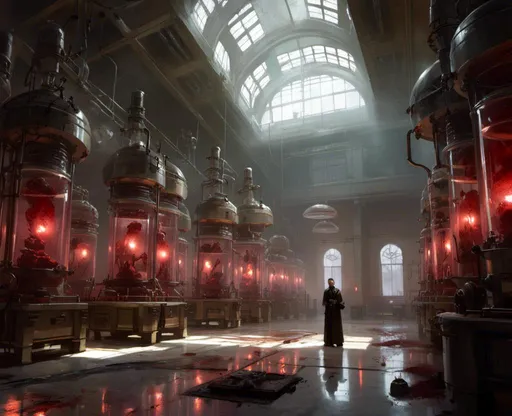 Prompt: The landscape concept environment art of a threatening somber white marble sci-fi laboratory full of gory  experiment tanks

, a stunning Donato Giancola masterpiece in <mymodel> gothic sci-fi artstyle by Anders Zorn and Joseph Christian Leyendecker 

, neat and clear tangents full of negative space 

, ominous dramatic lighting with detailed shadows and highlights enhancing depth of perspective and 3D volumetric drawing

, colorful vibrant painting in HDR