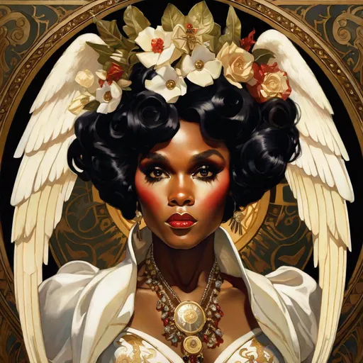 Prompt: A beautiful close-up portrait 

of the curvy and lustful Janelle Monae 

as an  ominous fierceful holy angel 

, a stunning Alphonse Mucha's masterpiece in <mymodel> barroque rococo artstyle by Anders Zorn and Joseph Christian Leyendecker

, neat and clear tangents full of negative space 

, a dramatic lighting with detailed shadows and highlights enhancing depth of perspective and 3D volumetric drawing

, a  vibrant and colorful high quality digital  painting in HDR