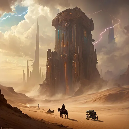 Prompt: A <mymodel> a concept environment art landscape 

of a gloomy and somber canyon 

with a towering mechanical monolith ark full of vapor streams and glowing arcing lightnings 

shedding flaring volumetric light shafts throughout the darkness 

of threatening sinister wasteland dunes engulfed by a heavy sandstorm hurricane

, a stunning Alphonse  Mucha masterpiece in retro-futuristic dieselpunk artstyle by Anders Zorn and Joseph Christian Leyendecker 

, neat and clear tangents full of negative space 

, ominous dramatic lighting with macabre somber shadows and highlights enhancing depth of perspective and 3D volumetric drawing

, colorful vibrant painting in HDR with shiny shimmering reflections and intricate detailed ambient occlusion
