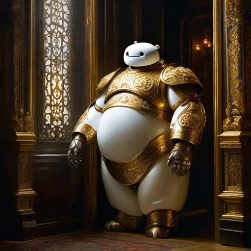 Prompt: A holy Baymax made of a golden wrought iron full of delicate filigree and carvings with bluish light shedding in the darkness 

, a stunning Donato Giancola's masterpiece in <mymodel> barroque rococo artstyle by Anders Zorn and Joseph Christian Leyendecker

, neat and clear tangents full of negative space 

, a dramatic lighting with detailed shadows and highlights enhancing depth of perspective and 3D volumetric drawing

, a  vibrant and colorful high quality digital  painting in HDR