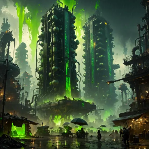 Prompt: A <mymodel> a concept environment art landscape  

of a gloomy and somber 
plaza

with a towering monolith ark 

full of oozing green glass tanks 

shedding flaring volumetric light shafts throughout the darkness 

of a threatening noxious toxic  wasteland metropolis engulfed by a rainstorm

, a stunning Donato Giancola masterpiece in post-apocalyptic sci-fi dieselpunk artstyle by Anders Zorn and Joseph Christian Leyendecker 

, neat and clear tangents full of negative space 

, ominous dramatic lighting with detailed shadows and highlights enhancing depth of perspective and 3D volumetric drawing

, colorful vibrant painting in HDR with shiny shimmering reflections