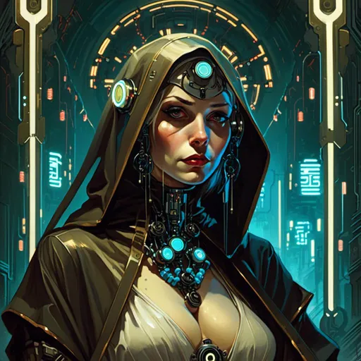 Prompt: An gloomy threatening 

nun pin-up

in the middle of a doomed sinister crossroads full of neon circuitry  glowing in the darkness 

, a stunning Alphonse Mucha's masterpiece in <mymodel> sci-fi retro-futuristic  art deco artstyle by Anders Zorn and Joseph Christian Leyendecker

, neat and clear tangents full of negative space 

, ominous and  dramatic lighting with detailed shadows and highlights enhancing depth of perspective and 3D volumetric drawing

, a  vibrant and colorful high quality digital  painting in HDR