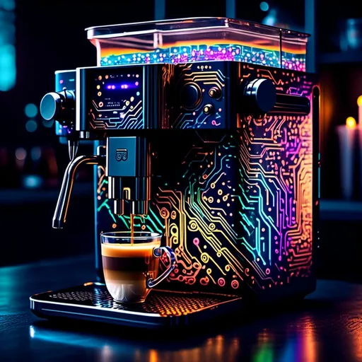 Prompt: An coffee machine full of multicolored  circuitry glowing in the darkness

, a stunning <mymodel> masterpiece