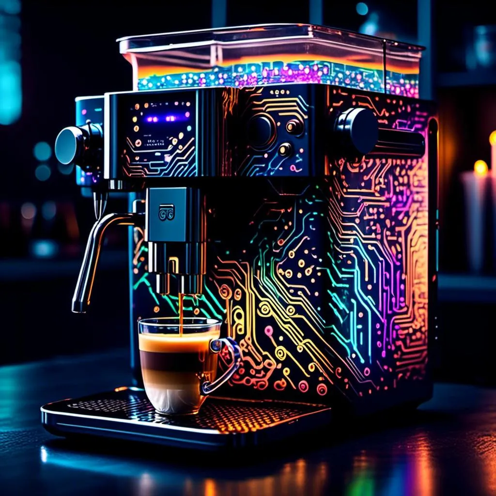 Prompt: An coffee machine full of multicolored  circuitry glowing in the darkness

, a stunning <mymodel> masterpiece