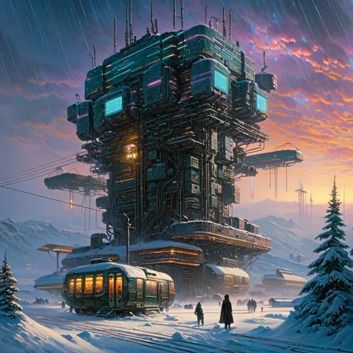 Prompt: A <mymodel> landscape artwork of a towering artic station

 in the middle  
of a snowy thundra

full of multicolored neon circuit board patterns glowing in the snowstorm

, a stunning Donato Giancola's masterpiece in  sci-fi retro-futuristic art deco artstyle by Anders Zorn and Joseph Christian Leyendecker

, neat and clear tangents full of negative space 

, ominous dramatic lighting with detailed shadows and highlights enhancing depth of perspective and 3D volumetric drawing

, a  vibrant and colorful high quality digital  painting in HDR