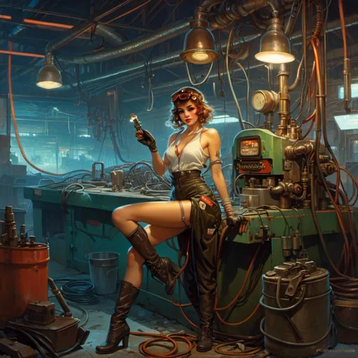 Prompt: A <mymodel> landscape artwork of an ominous and gloomy 

pin-up dressed  as a  mechanic welder in the middle  
of a doomed junkyard

full of hanging hoses and  multicolored neon circuit board patterns glowing in the darkness

, a stunning Alphonse Mucha's masterpiece in  sci-fi retro-futuristic art deco artstyle by Anders Zorn and Joseph Christian Leyendecker

, neat and clear tangents full of negative space 

, a dramatic lighting with detailed shadows and highlights enhancing depth of perspective and 3D volumetric drawing

, a  vibrant and colorful high quality digital  painting in HDR