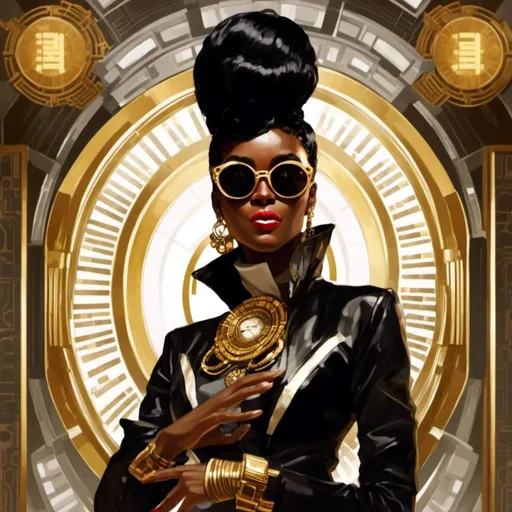 Prompt: A <mymodel> a concept character design portrait of janelle monae as  an afrofuturistic african swindler with  round sunglasses making a malicious silly smile while lurking in the darkness

, a stunning Alphonse Mucha masterpiece in brutal vintage art deco artstyle by Anders Zorn and Joseph Christian Leyendecker 

, neat and clear tangents full of negative space 

, ominous dramatic lighting with detailed shadows and highlights enhancing depth of perspective and 3D volumetric drawing

, colorful vibrant painting in HDR with shiny shimmering reflections