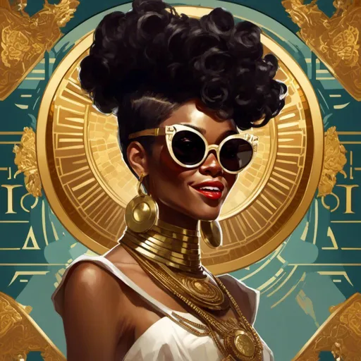 Prompt: A <mymodel> a concept character design portrait of janelle monae as  an afrofuturistic african swindler with  round sunglasses making a malicious silly smile while lurking in the darkness

, a stunning Alphonse Mucha masterpiece in brutal vintage art deco artstyle by Anders Zorn and Joseph Christian Leyendecker 

, neat and clear tangents full of negative space 

, ominous dramatic lighting with detailed shadows and highlights enhancing depth of perspective and 3D volumetric drawing

, colorful vibrant painting in HDR with shiny shimmering reflections