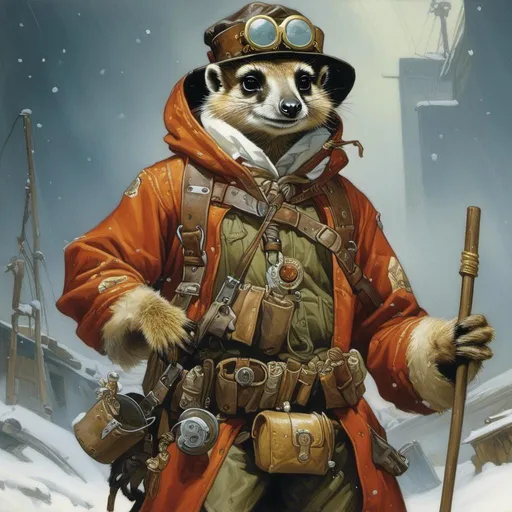 Prompt: A medieval anthropomorphic  

meerkat

tinkerer artificer

wearing an artic explorer outfit  with adventuring gear full of pockets and harness holster belts

in the middle  of a  snowstorm

, a stunning Alphonse Mucha's masterpiece in <mymodel> sci-fi fantasy  artstyle by Anders Zorn and Joseph Christian Leyendecker

, neat and clear tangents full of negative space 

, a dramatic lighting with detailed shadows and highlights enhancing depth of perspective and 3D volumetric drawing

, a  vibrant and colorful high quality digital  painting in HDR