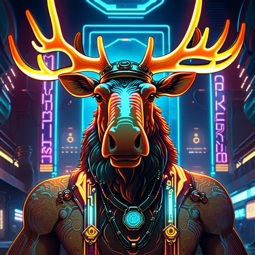 Prompt: An anthropomorphic 

moose

fully tattooed with multicolored neon circuitry glowing  in the darkness

, a stunning Alphonse Mucha's masterpiece in <mymodel> sci-fi retro-futuristic  artstyle by Anders Zorn and Joseph Christian Leyendecker

, neat and clear tangents full of negative space 

, a dramatic lighting with detailed shadows and highlights enhancing depth of perspective and 3D volumetric drawing

, a  vibrant and colorful high quality digital  painting in HDR