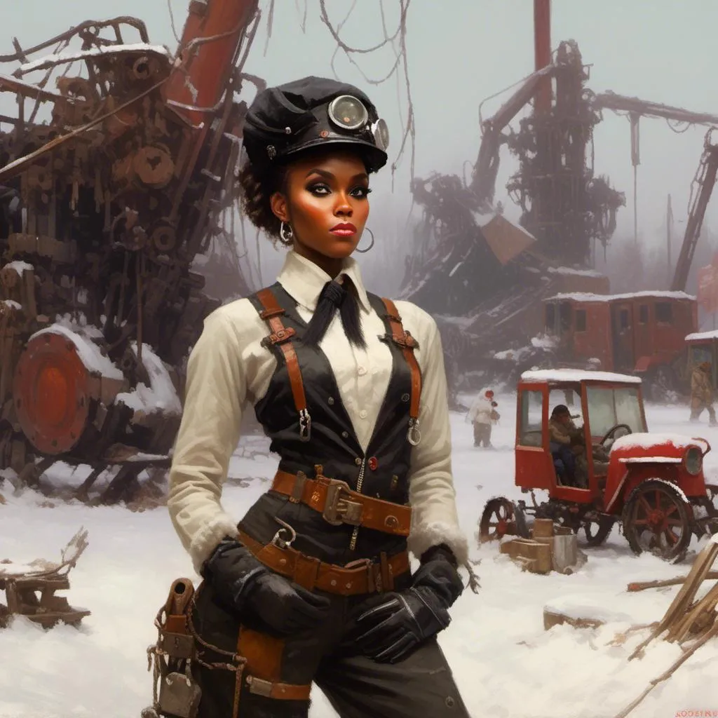 Prompt: A beutiful portrait of Janelle Monae dressed as a mechanic tinkerer within a  snowy junkyard

in <mymodel> artstyle

, a stunning Donato Giancola's masterpiece by Anders Zorn and  Joseph Christian Leyendecker