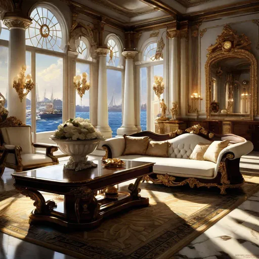 Prompt: An ominous and gloomy 

nautical white marble living room with view to the docks


, a stunning Donato Giancola's masterpiece in <mymodel> barroque rococo artstyle by Anders Zorn and Joseph Christian Leyendecker

, neat and clear tangents full of negative space 

, a dramatic lighting with detailed shadows and highlights enhancing depth of perspective and 3D volumetric drawing

, a  vibrant and colorful high quality digital  painting in HDR