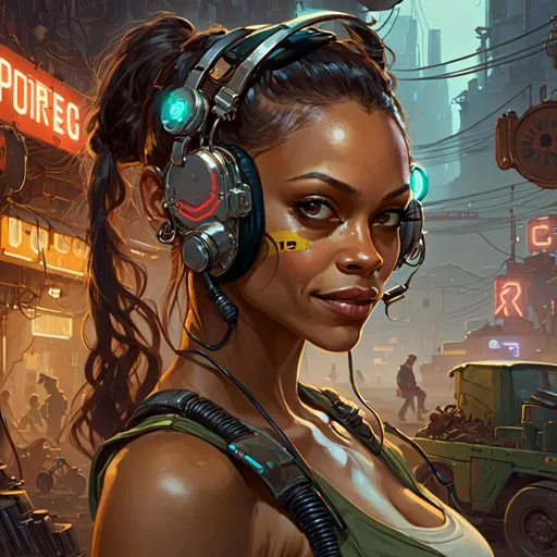 Prompt: A <mymodel> portrait artwork of 
Zoe Saldana

as a nerdy and muscly atompunk mechanic pin-up 

in the middle of a gloomy jukyard scrapyard 

full of multicolored neon circuitry glowing in the   darkness

, a stunning Alphonse Mucha's masterpiece in  sci-fi retro-futuristic art deco artstyle by Anders Zorn and Joseph Christian Leyendecker

, neat and clear tangents full of negative space 

, ominous dramatic lighting with detailed shadows and highlights enhancing depth of perspective and 3D volumetric drawing

, a  vibrant and colorful high quality digital  painting in HDR