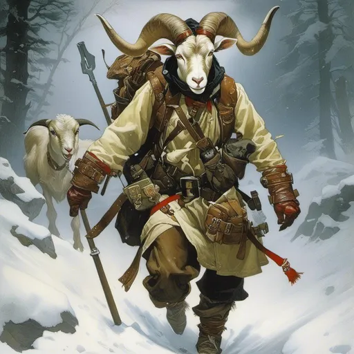 Prompt: A medieval anthropomorphic  

goat

rogue

wearing an artic explorer outfit  with adventuring gear full of pockets and harness holster belts

in the middle  of a  snowstorm

, a stunning Alphonse Mucha's masterpiece in <mymodel> sci-fi fantasy  artstyle by Anders Zorn and Joseph Christian Leyendecker

, neat and clear tangents full of negative space 

, a dramatic lighting with detailed shadows and highlights enhancing depth of perspective and 3D volumetric drawing

, a  vibrant and colorful high quality digital  painting in HDR