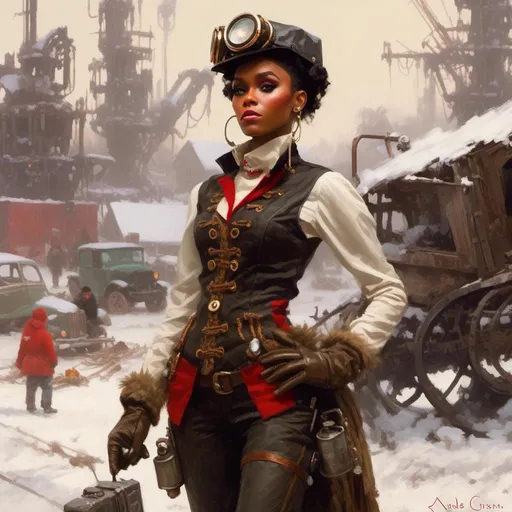 Prompt: A beutiful portrait of Janelle Monae dressed as a mechanic tinkerer crossing a  snowy junkyard

in <mymodel> artstyle

, a stunning Donato Giancola's masterpiece by Anders Zorn and  Joseph Christian Leyendecker