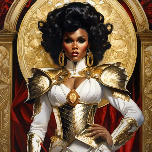 Prompt: A beautiful close-up portrait 

of the curvy and lustful Janelle Monae 

as a  ominous fierceful holy valkyrie in white lustrous armor fully ornated and carved in gold


, a stunning Alphonse Mucha's masterpiece in <mymodel> barroque rococo artstyle by Anders Zorn and Joseph Christian Leyendecker

, neat and clear tangents full of negative space 

, a dramatic lighting with detailed shadows and highlights enhancing depth of perspective and 3D volumetric drawing

, a  vibrant and colorful high quality digital  painting in HDR