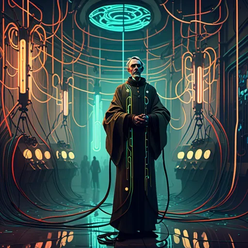 Prompt: An ominous and gloomy 

Priest 
in the  middle of a doomed asylum

full of hanging hoses and multicolored neon circuitry glowing in the  darkness

, a stunning Alphonse Mucha's masterpiece in <mymodel> sci-fi retro-futuristic  art deco artstyle by Anders Zorn and Joseph Christian Leyendecker

, neat and clear tangents full of negative space 

, a dramatic lighting with detailed shadows and highlights enhancing depth of perspective and 3D volumetric drawing

, a  vibrant and colorful high quality digital  painting in HDR