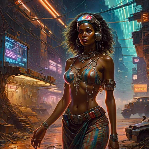 Prompt: A <mymodel> landscape artwork of a threatening  and somber african pin-up gypsy

 in the middle  
of a doomed wasteland

full of multicolored neon circuit board patterns glowing in the darkness

, a stunning Donato Giancola's masterpiece in  sci-fi retro-futuristic art deco artstyle by Anders Zorn and Joseph Christian Leyendecker

, neat and clear tangents full of negative space 

, ominous dramatic lighting with detailed shadows and highlights enhancing depth of perspective and 3D volumetric drawing

, a  vibrant and colorful high quality digital  painting in HDR