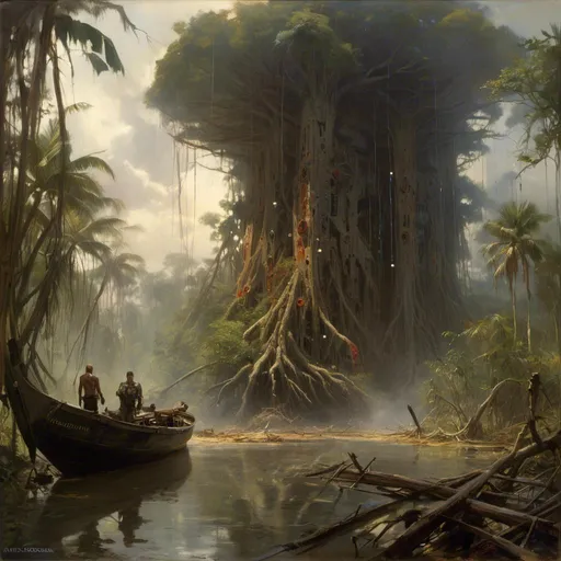 Prompt: A <mymodel> concept environment art landscape of 

the threatening sinister mangrove swamp 

with a monolith ark

full of multicolored circuitry carvings 

shedding flaring volumetric light shafts throughout the darkness of

a gloomy jungle engulfed by a rainstorm 

, a stunning John Avon masterpiece in post-apocalyptic sci-fi dieselpunk artstyle by Anders Zorn and Joseph Christian Leyendecker 

, neat and clear tangents full of negative space 

, ominous dramatic lighting with detailed shadows and highlights enhancing depth of perspective and 3D volumetric drawing

, colorful vibrant painting in HDR with shiny shimmering reflections