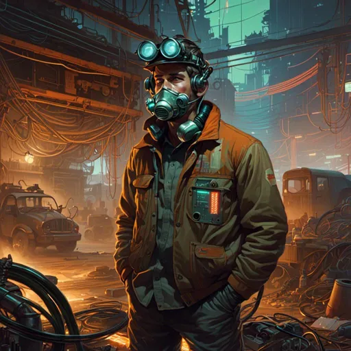 Prompt: A <mymodel> landscape artwork of an ominous and gloomy 

mechanic welder in the middle  
of a doomed junkyard

full of hanging hoses and  multicolored neon circuit board patterns glowing in the darkness

, a stunning Alphonse Mucha's masterpiece in  sci-fi retro-futuristic art deco artstyle by Anders Zorn and Joseph Christian Leyendecker

, neat and clear tangents full of negative space 

, a dramatic lighting with detailed shadows and highlights enhancing depth of perspective and 3D volumetric drawing

, a  vibrant and colorful high quality digital  painting in HDR