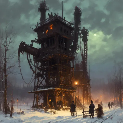 Prompt: A <mymodel> landscape picture 

of an ominous and gloomy 
oil pump station

glowing  in the darkness of  a doomed snowy thundra

, a stunning Donato Giancola's masterpiece by Anders Zorn and  Joseph Christian Leyendecker