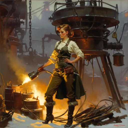 Prompt: An ominous and gloomy 

atompunk blacksmith pin-up
with her blowtorch
glowing in the darkness 

of a doomed metal casting  furnace full of hanging hoses and cables

, a stunning Donato Giancola's masterpiece in <mymodel> sci-fi retro-futuristic  art deco artstyle by Anders Zorn and Joseph Christian Leyendecker

, neat and clear tangents full of negative space 

, a dramatic lighting with detailed shadows and highlights enhancing depth of perspective and 3D volumetric drawing

, a  vibrant and colorful high quality digital  painting in HDR