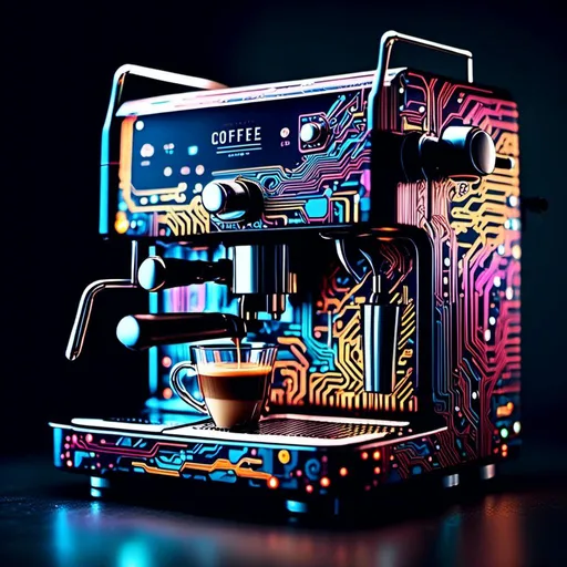 Prompt: An coffee machine full of multicolored  circuitry glowing in the darkness

, a stunning <mymodel> masterpiece
