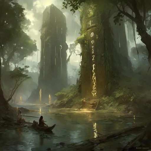 Prompt: A <mymodel> a concept environment art landscape 

of a gloomy and somber mangrove swamp 

with a towering magiccal arcane monolith ark full of carved glowing runes and glyphs

shedding flaring volumetric light shafts throughout the darkness 

of a threatening sinister jungle engulfed by a lightning rainstorm

, a stunning Alphonse  Mucha masterpiece in fantasy nouveau artstyle by Anders Zorn and Joseph Christian Leyendecker 

, neat and clear tangents full of negative space 

, ominous dramatic lighting with macabre somber shadows and highlights enhancing depth of perspective and 3D volumetric drawing

, colorful vibrant painting in HDR with shiny shimmering reflections and intricate detailed ambient occlusion