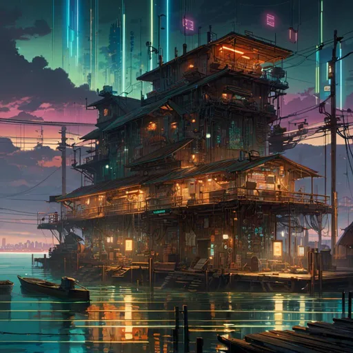 Prompt: A <mymodel> landscape artwork of ominous and gloomy 

docks

on a doomed  seashore

full of multicolored neon circuit board patterns glowing in the darkness

, a stunning Alphonse Mucha's masterpiece in  sci-fi retro-futuristic art deco artstyle by Anders Zorn and Joseph Christian Leyendecker

, neat and clear tangents full of negative space 

, a dramatic lighting with detailed shadows and highlights enhancing depth of perspective and 3D volumetric drawing

, a  vibrant and colorful high quality digital  painting in HDR