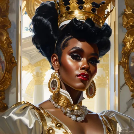 Prompt: A beautiful close-up portrait 

of the lustful Janelle Monae 

dressed  as a  queen


, a stunning Donato Giancola's masterpiece in <mymodel> barroque rococo artstyle by Anders Zorn and Joseph Christian Leyendecker

, neat and clear tangents full of negative space 

, a dramatic lighting with detailed shadows and highlights enhancing depth of perspective and 3D volumetric drawing

, a  vibrant and colorful high quality digital  painting in HDR