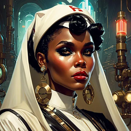 Prompt: A beautiful <mymodel>  portrait of 
the gloomy threatening 
Janelle Monae

as an african pin-up nun 

in the middle of a doomed sinister wasteland full of neon circuitry  glowing in the darkness 

, a stunning Alphonse  Mucha's masterpiece in vintage retro-futuristic art deco artstyle by Anders Zorn and Joseph Christian Leyendecker

, neat and clear tangents full of negative space 

, ominous dramatic lighting with detailed shadows and highlights enhancing depth of perspective and 3D volumetric drawing

, a  vibrant and colorful high quality digital  painting in HDR