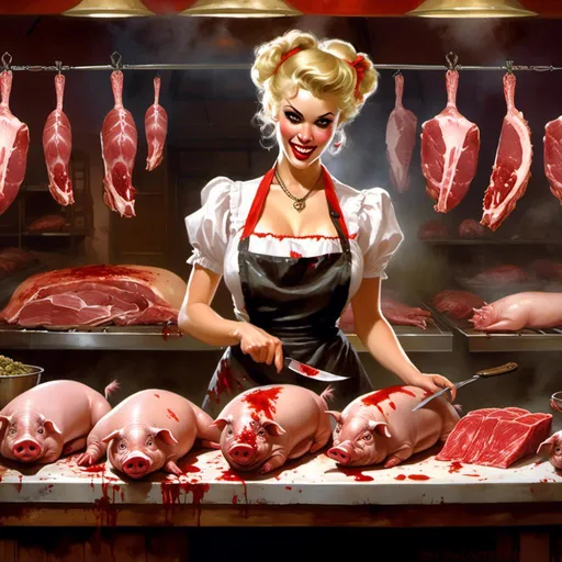 Prompt: Concept art illustration

of a beautiful luxurious pin-up 

making a malicious silly face

while slicing meat in the middle 

of her gloomy gory vintage butcher shop

full of pork meat hanging pig carcasses with oozing blood

, a stunning Luis Royo masterpiece in <mymodel> art deco horror artstyle by Anders Zorn and Joseph Christian Leyendecker 

, neat and clear tangents full of negative space 

, ominous dramatic lighting with detailed shadows and highlights enhancing depth of perspective and 3D volumetric drawing

, colorful vibrant painting in HDR