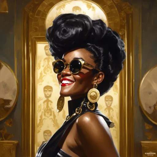 Prompt: A <mymodel> a concept character design portrait of janelle monae as  an african swindler pin-up with round sunglasses making a malicious silly smile in the middle of a gloomy and somber unlit room

, a stunning Donato Giancola masterpiece in brutal vintage art deco artstyle by Anders Zorn and Joseph Christian Leyendecker 

, neat and clear tangents full of negative space 

, ominous dramatic lighting with detailed shadows and highlights enhancing depth of perspective and 3D volumetric drawing

, colorful vibrant painting in HDR with shiny shimmering reflections