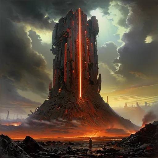 Prompt: A threatening sinister monolith 
full of multicolored circuitry carvings shedding flaring volumetric light shafts in the darkness of gloomy charred lava field engulfed by the smoggy carbon clouds

, a stunning John Avon masterpiece in <mymodel> retro-futuristic sci-fi arc deco artstyle by Anders Zorn and Joseph Christian Leyendecker 

, neat and clear tangents full of negative space 

, ominous dramatic lighting with detailed shadows and highlights enhancing depth of perspective and 3D volumetric drawing

, colorful vibrant painting in HDR with shiny shimmering reflections