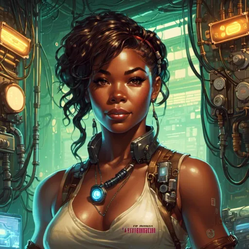 Prompt: A <mymodel> portrait artwork of 

Gabrielle Union

as a muscly stompunk mechanic pin-up 

in the middle of a gloomy jukyard 

full of hanging hoses and multicolored circuit board patterns  glowing in the  darkness 


, a stunning Alphonse Mucha's masterpiece in  sci-fi retro-futuristic art deco artstyle by Anders Zorn and Joseph Christian Leyendecker

, neat and clear tangents full of negative space 

, ominous dramatic lighting with detailed shadows and highlights enhancing depth of perspective and 3D volumetric drawing

, a  vibrant and colorful high quality digital  painting in HDR