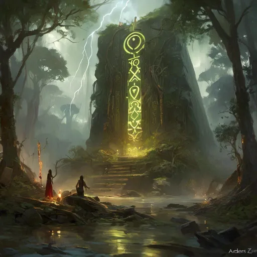 Prompt: A <mymodel> a concept environment art landscape 

of a gloomy and somber mangrove swamp 

with a towering magiccal arcane monolith ark full of carved glowing runes and glyphs

shedding flaring volumetric light shafts throughout the darkness 

of a threatening sinister jungle engulfed by a lightning rainstorm

, a stunning Alphonse  Mucha masterpiece in fantasy nouveau artstyle by Anders Zorn and Joseph Christian Leyendecker 

, neat and clear tangents full of negative space 

, ominous dramatic lighting with macabre somber shadows and highlights enhancing depth of perspective and 3D volumetric drawing

, colorful vibrant painting in HDR with shiny shimmering reflections and intricate detailed ambient occlusion