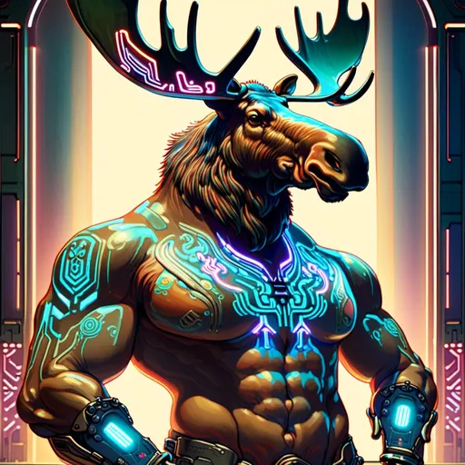 Prompt: An anthropomorphic 

moose

fully tattooed with multicolored neon circuitry glowing  in the darkness

, a stunning Alphonse Mucha's masterpiece in <mymodel> sci-fi retro-futuristic  artstyle by Anders Zorn and Joseph Christian Leyendecker

, neat and clear tangents full of negative space 

, a dramatic lighting with detailed shadows and highlights enhancing depth of perspective and 3D volumetric drawing

, a  vibrant and colorful high quality digital  painting in HDR