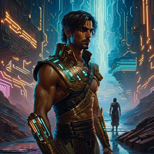 Prompt: A <mymodel> landscape artwork of the threatening  and somber prince of persia

crossing doomed badlands

full of multicolored neon circuit board patterns glowing in the darkness

, a stunning Donato Giancola's masterpiece in  sci-fi retro-futuristic art deco artstyle by Anders Zorn and Joseph Christian Leyendecker

, neat and clear tangents full of negative space 

, ominous dramatic lighting with detailed shadows and highlights enhancing depth of perspective and 3D volumetric drawing

, a  vibrant and colorful high quality digital  painting in HDR