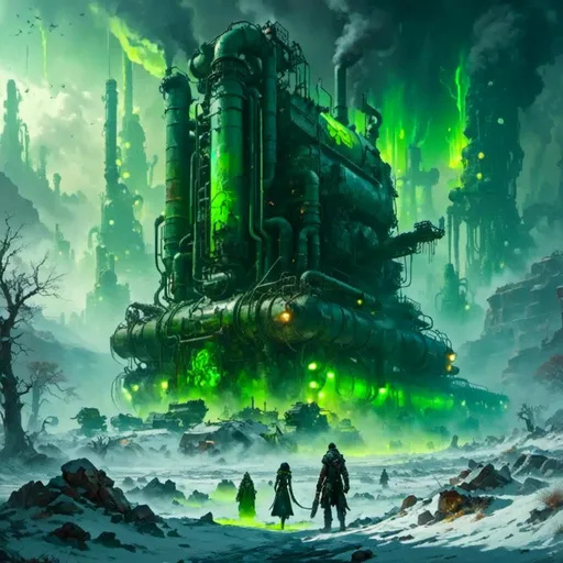 Prompt: A <mymodel> a concept environment art landscape  

of a gloomy and somber 
snowy thundra

with a monolith ark 

full oozing green glass tanks 

shedding flaring volumetric light shafts throughout the darkness 

of a threatening noxious toxic artical wasteland engulfed by a snowstorm

, a stunning Donato Giancola masterpiece in post-apocalyptic sci-fi dieselpunk artstyle by Anders Zorn and Joseph Christian Leyendecker 

, neat and clear tangents full of negative space 

, ominous dramatic lighting with detailed shadows and highlights enhancing depth of perspective and 3D volumetric drawing

, colorful vibrant painting in HDR with shiny shimmering reflections