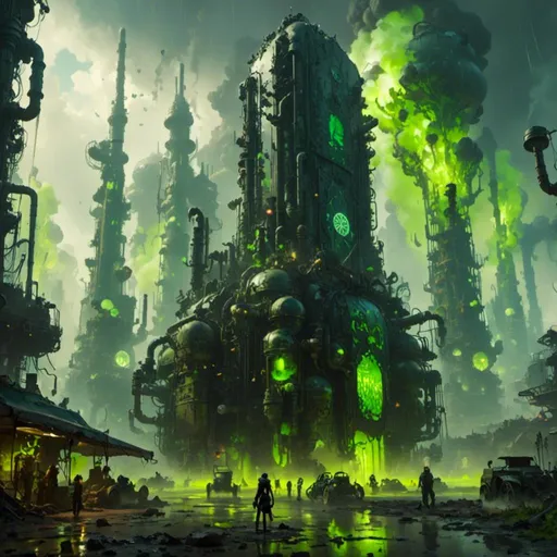 Prompt: A <mymodel> a concept environment art landscape  

of a gloomy and somber 
plaza

with a towering monolith ark 

full of oozing green glass tanks 

shedding flaring volumetric light shafts throughout the darkness 

of a threatening noxious toxic  wasteland metropolis engulfed by a rainstorm

, a stunning Donato Giancola masterpiece in post-apocalyptic sci-fi dieselpunk artstyle by Anders Zorn and Joseph Christian Leyendecker 

, neat and clear tangents full of negative space 

, ominous dramatic lighting with detailed shadows and highlights enhancing depth of perspective and 3D volumetric drawing

, colorful vibrant painting in HDR with shiny shimmering reflections