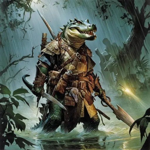 Prompt: A <mymodel> full body portrait for the concept character design of 

a threatening fierceful anthropomorphic alligator 
paladin crossing a gloomy flooded mangroove in  the middle  of a  rainstorm

, a stunning Frank Frazetta masterpiece by  Donato  Giancola  and  Terese Nielsen

, neat and clean composition made of neat and clear tangents full of negative space 

, ominous dramatic lighting with detailed shadows and highlights enhancing depth of perspective and 3D volumetric drawing

, a vibrant and colorful painting in HDR