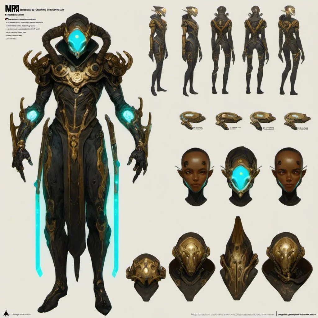 Prompt: A turnaround  reference sheet for the concept  character design of 

an ominous  and gloomy  <mymodel>  alien warframe with carved cyan circuitry glowing in the darkness

, a  stunning Peter Gric's sci-fi masterpiece by Anders  Zorn and Joseph Christian Leyendecker 

, neat and clear  tangents  full of negative space