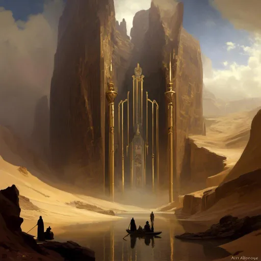 Prompt: A <mymodel> a concept environment art landscape  

of a gloomy and somber 
canyon

with a towering monolith ark 

made of black marble and  golden lustrous ornaments 

with it's reflections shedding flaring volumetric light shafts throughout the darkness 

of threatening sinister wasteland dunes engulfed by a sandstorm

, a stunning Alphonse Mucha masterpiece in delicate barroque rococo artstyle by Anders Zorn and Joseph Christian Leyendecker 

, neat and clear tangents full of negative space 

, ominous dramatic lighting with detailed shadows and highlights enhancing depth of perspective and 3D volumetric drawing

, colorful vibrant painting in HDR with shiny shimmering reflections
