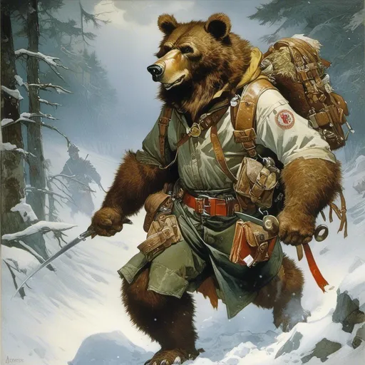 Prompt: A medieval anthropomorphic  werebear 

wearing an artic explorer outfit  with adventuring gear full of pockets and harness holster belts

in the middle  of a  snowstorm

, a stunning Alphonse Mucha's masterpiece in <mymodel> sci-fi fantasy  artstyle by Anders Zorn and Joseph Christian Leyendecker

, neat and clear tangents full of negative space 

, a dramatic lighting with detailed shadows and highlights enhancing depth of perspective and 3D volumetric drawing

, a  vibrant and colorful high quality digital  painting in HDR