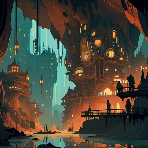 Prompt: An ominous and gloomy 

hamlet
in the  middle of a doomed cave

full of stalactites and stalagmites

full of hanging hoses and multicolored neon circuitry glowing in the  darkness

, a stunning Alphonse Mucha's masterpiece in <mymodel> sci-fi retro-futuristic  atompunk art deco vintage artstyle by Anders Zorn and Joseph Christian Leyendecker

, neat and clear tangents full of negative space 

, a dramatic lighting with detailed shadows and highlights enhancing depth of perspective and 3D volumetric drawing

, a  vibrant and colorful high quality digital  painting in HDR