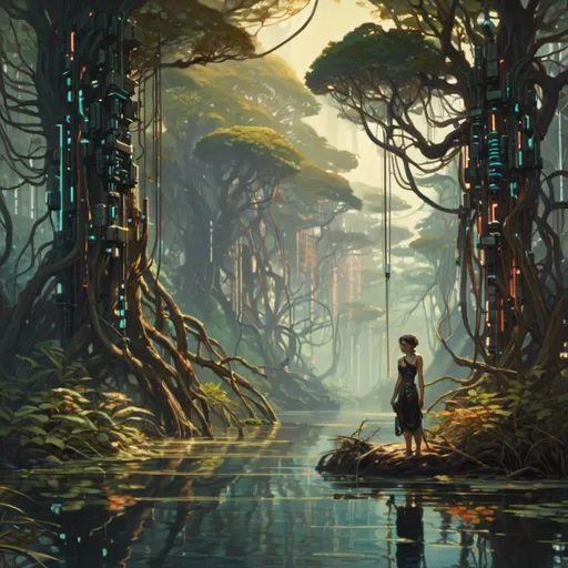 Prompt: The <mymodel> concept art landscape illustration of a threatening somber mangrove swamp with trees fully carved by multicolored circuitry patterns glowing throughout the darkness of a gloomy jungle full of hanging cables and hoses

, a stunning Alphonse mucha masterpiece in retro-futuristic sci-fi art deco artstyle by Anders Zorn and Joseph Christian Leyendecker 

, neat and clear tangents full of negative space 

, ominous dramatic lighting with detailed shadows and highlights enhancing depth of perspective and 3D volumetric drawing

, colorful vibrant painting in HDR with shiny shimmering reflections